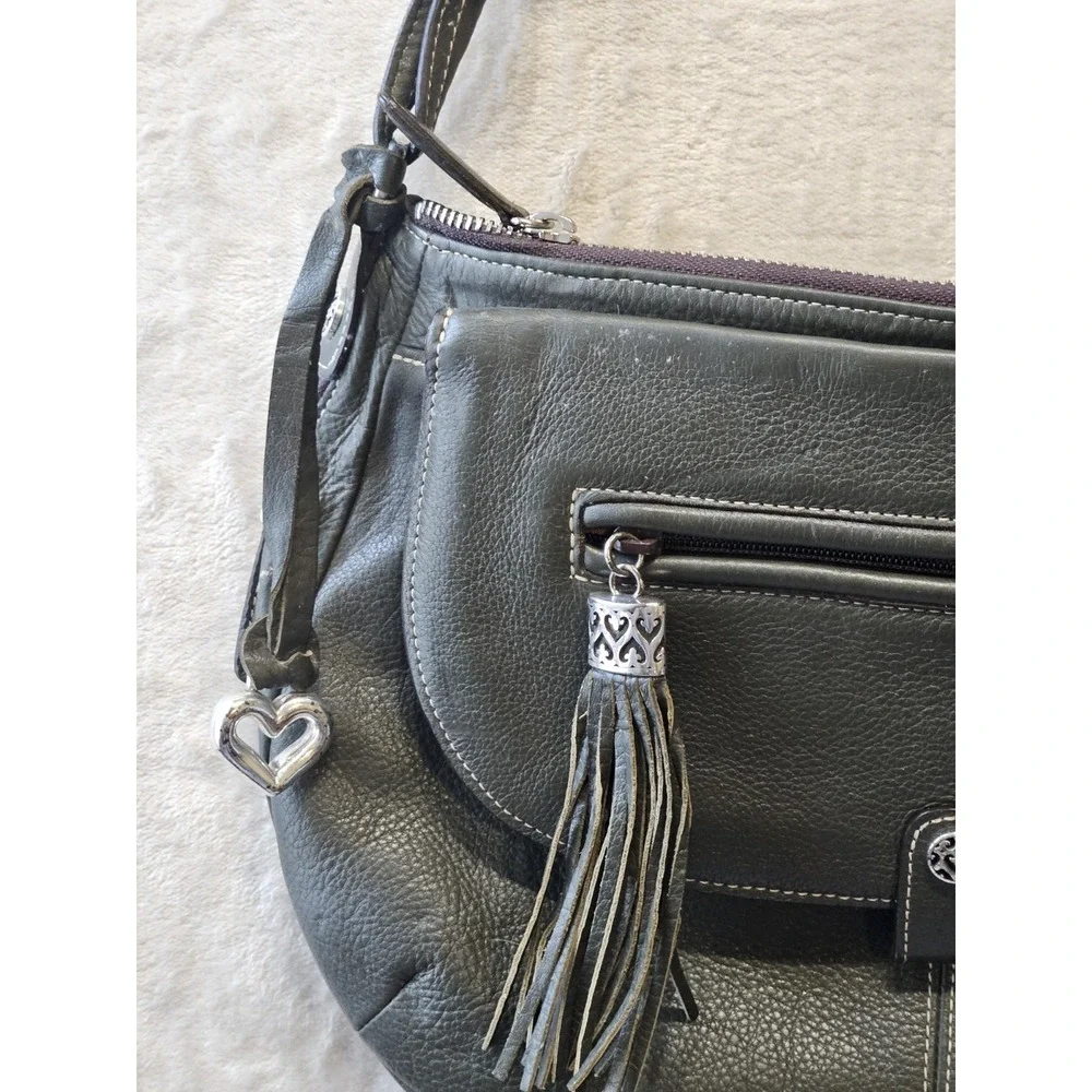 BRIGHTON Olive Green Leather Expandable Hobo Shoulder Bag Tassel Zip Heart Charm